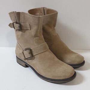 Bass Portland Biker ankle booties women 7M suede upper pull on beige Y2k